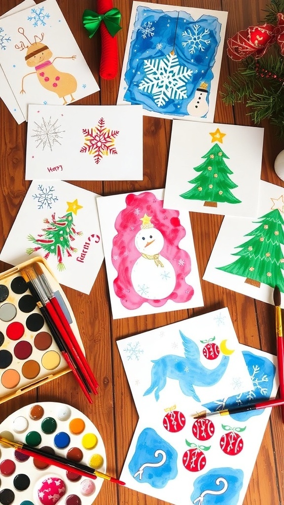 Handmade painted Christmas cards with festive designs on a wooden table with art supplies.